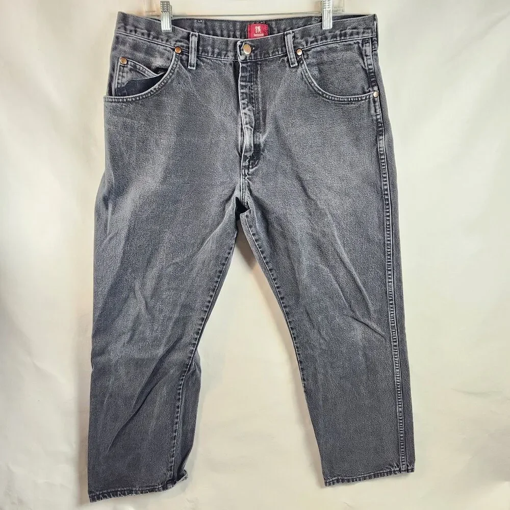 Wrangler Jeans Mens 36x30 Gray Black Denim Relaxed Fit  Western Vintage Patch